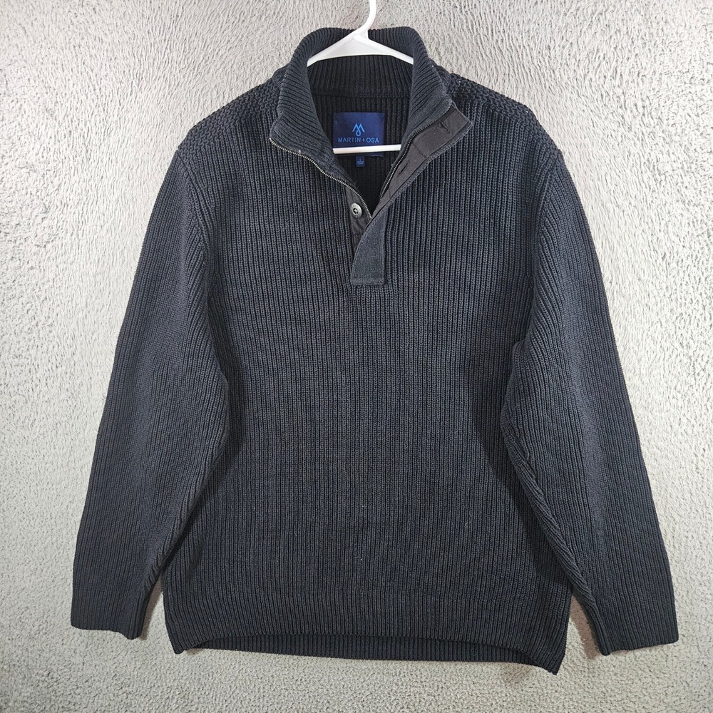 Martin + Osa Mens Navy Blue Ribbed Knit 100% Cotton Quarter Zip Sweater‎ Large